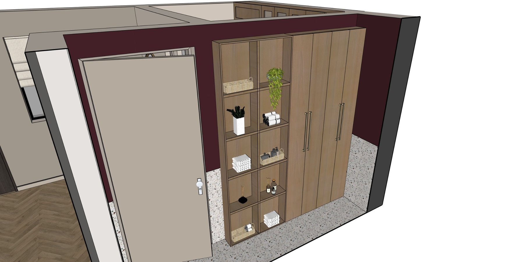 Bathroom with burgundy walls, terrazzo floor and oak storage wall