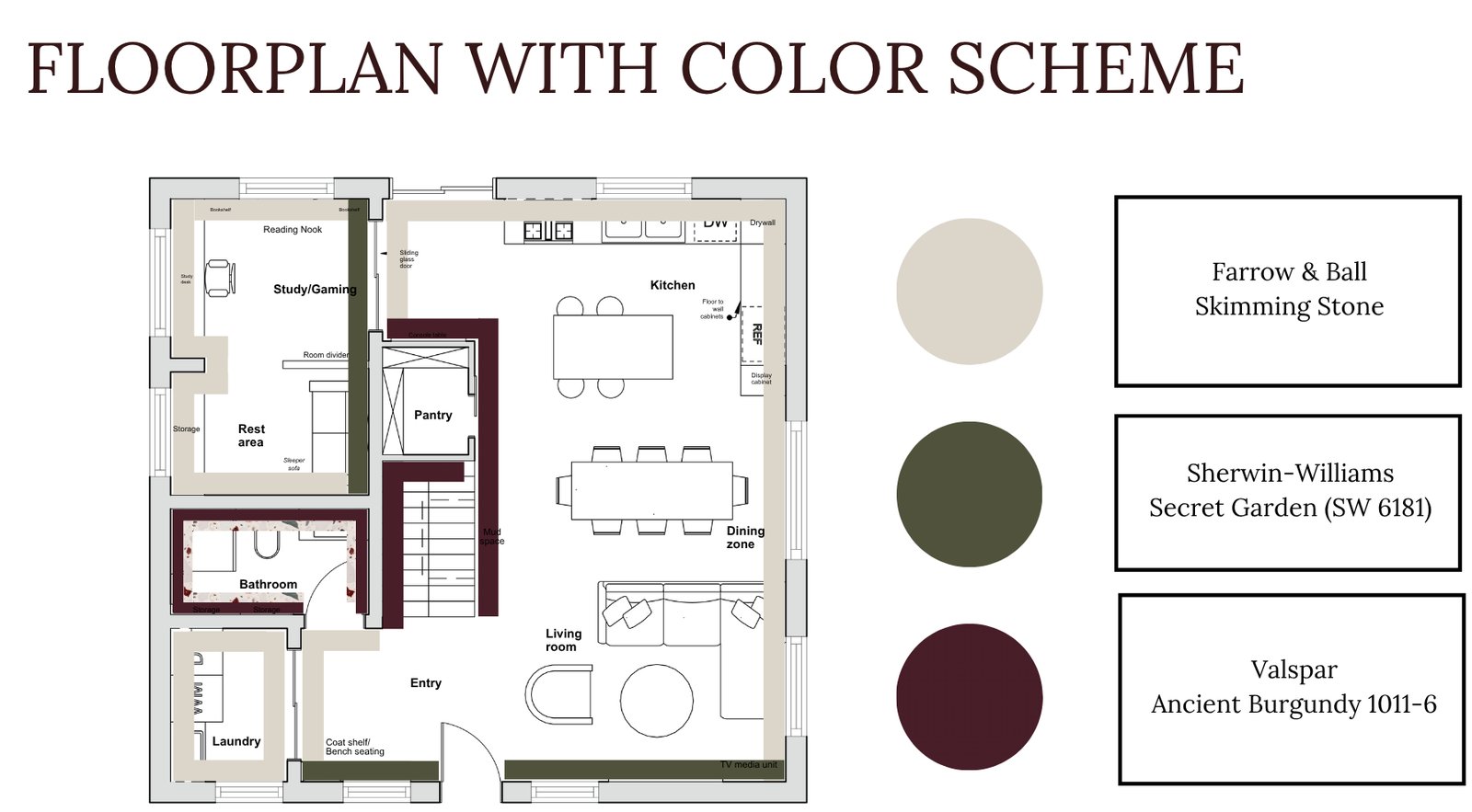 Floor plan with whole-home color scheme and paint swatches
