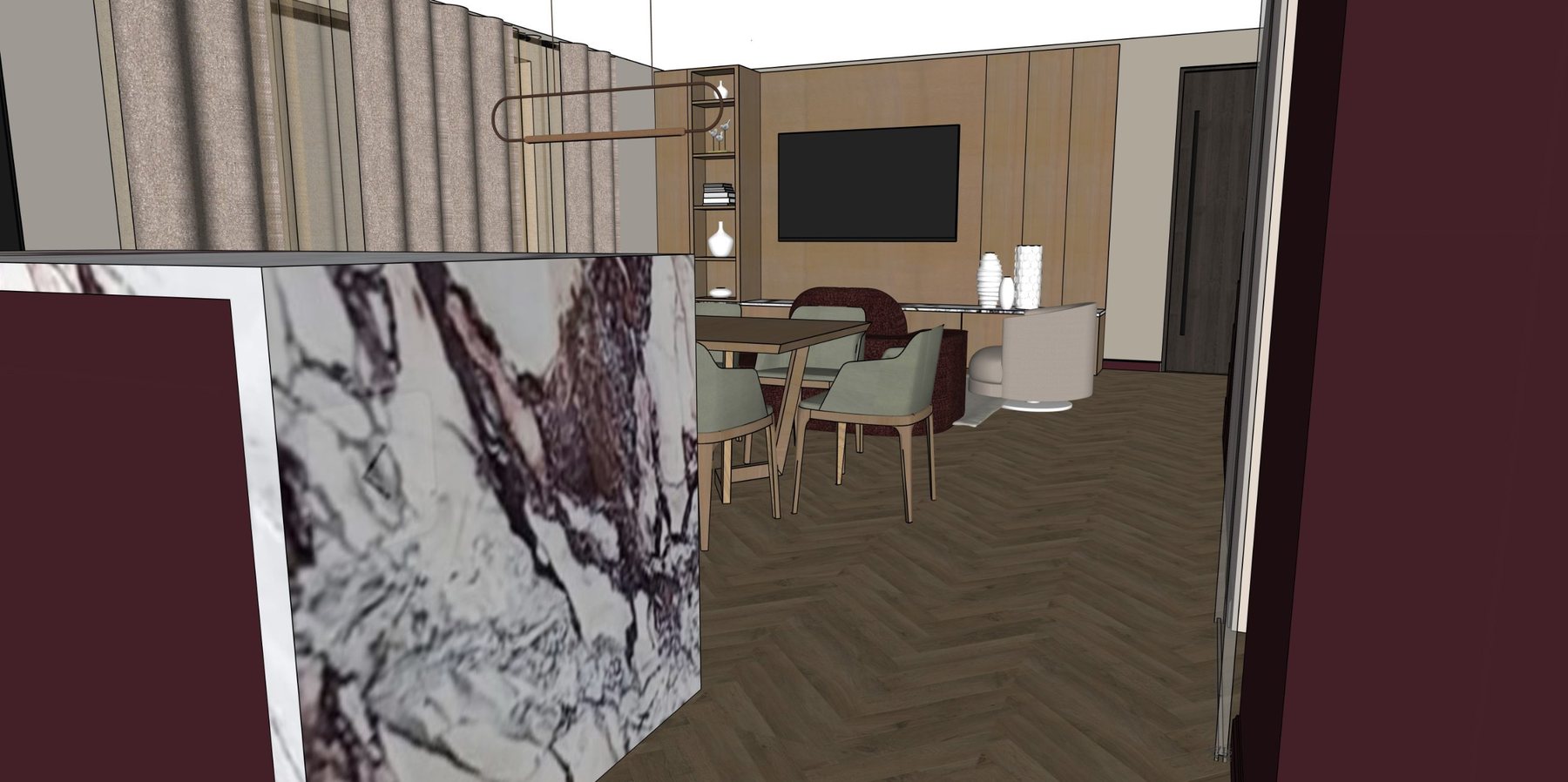 Eye-level view of the dining table for eight looking toward the living room