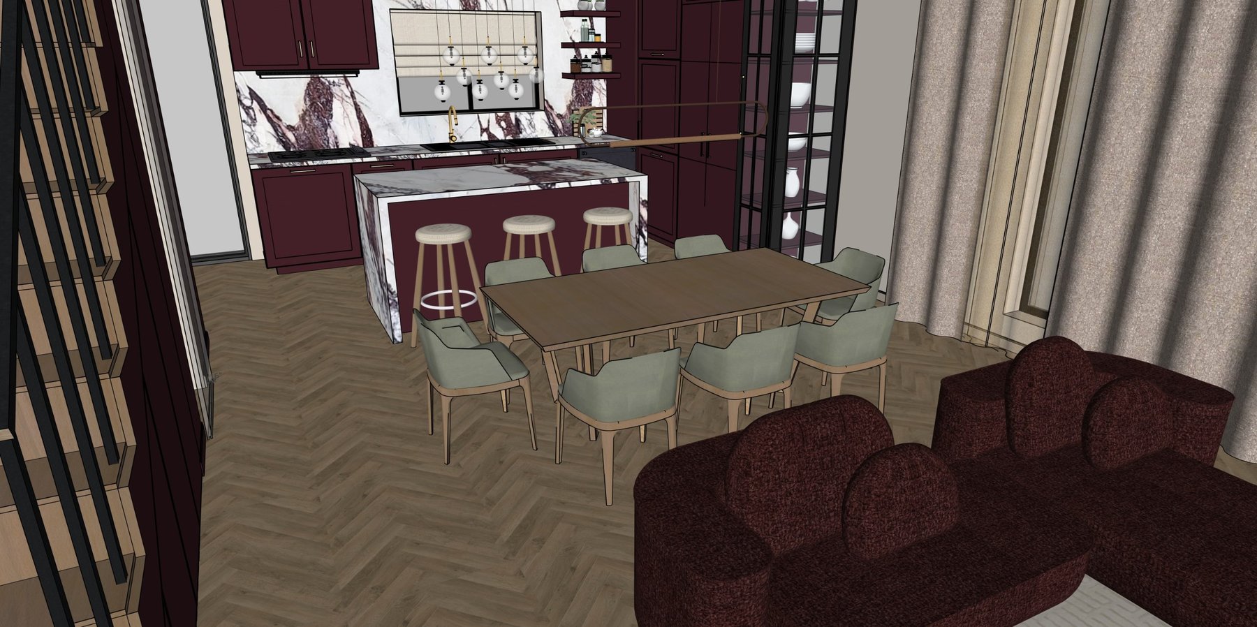 Eye-level view from the kitchen across the dining table