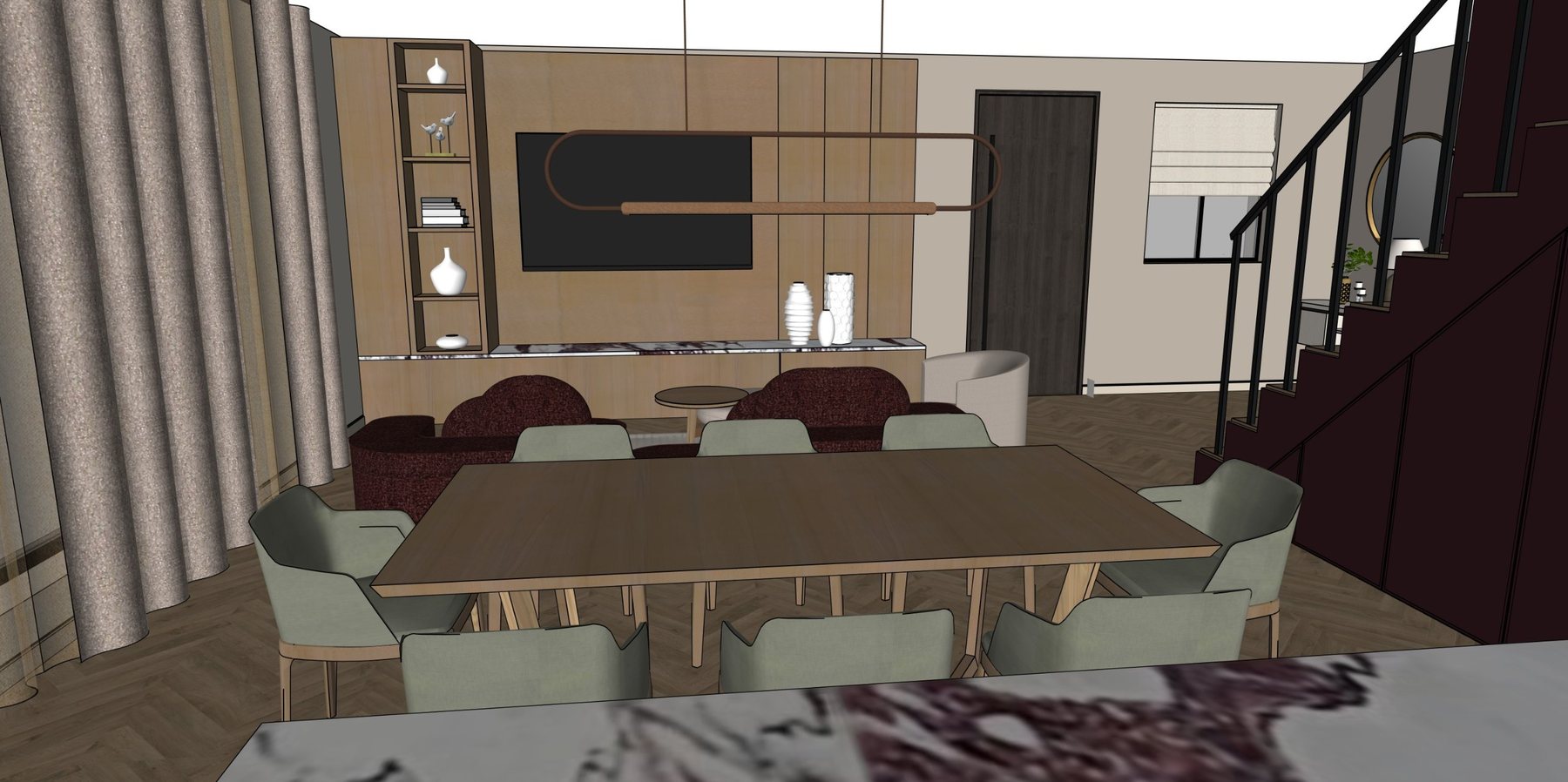 Styled dining area with oak table, sage chairs and burgundy lounge seating