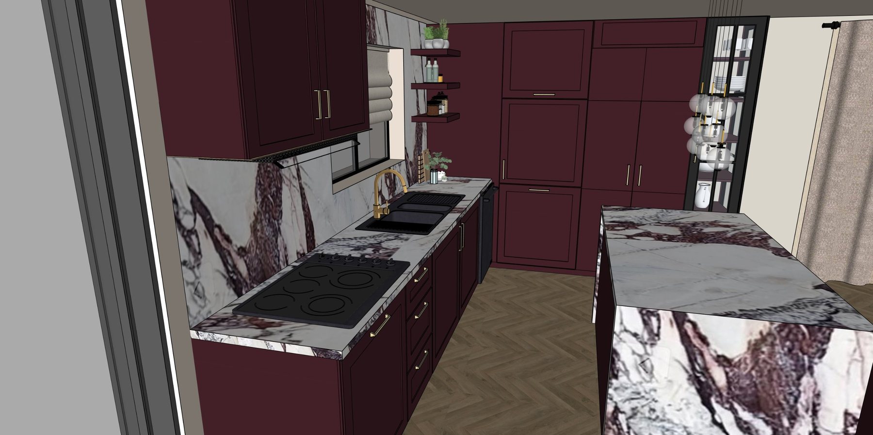 Eye-level view of the kitchen island, marble backsplash and glass display cabinet