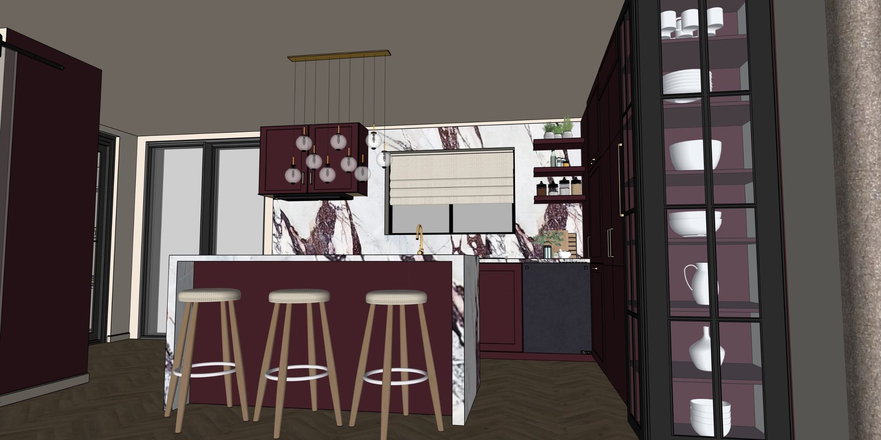 Kitchen with a cluster of glass globe pendants over the island