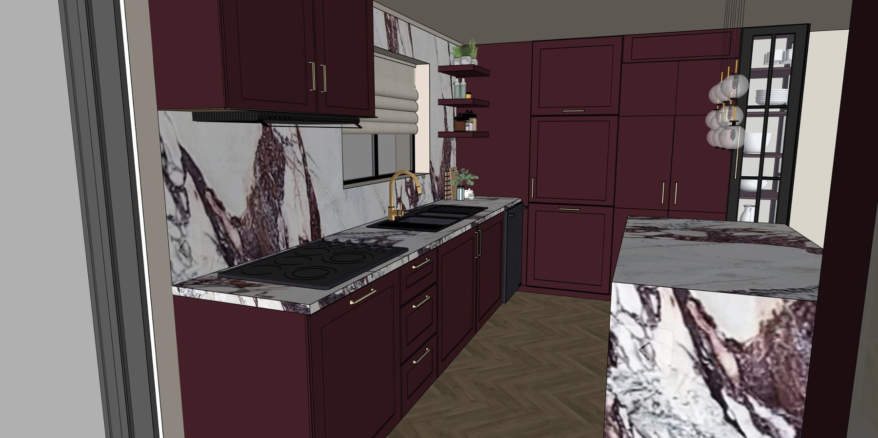 Eye-level view along the kitchen run with brass tap and marble backsplash