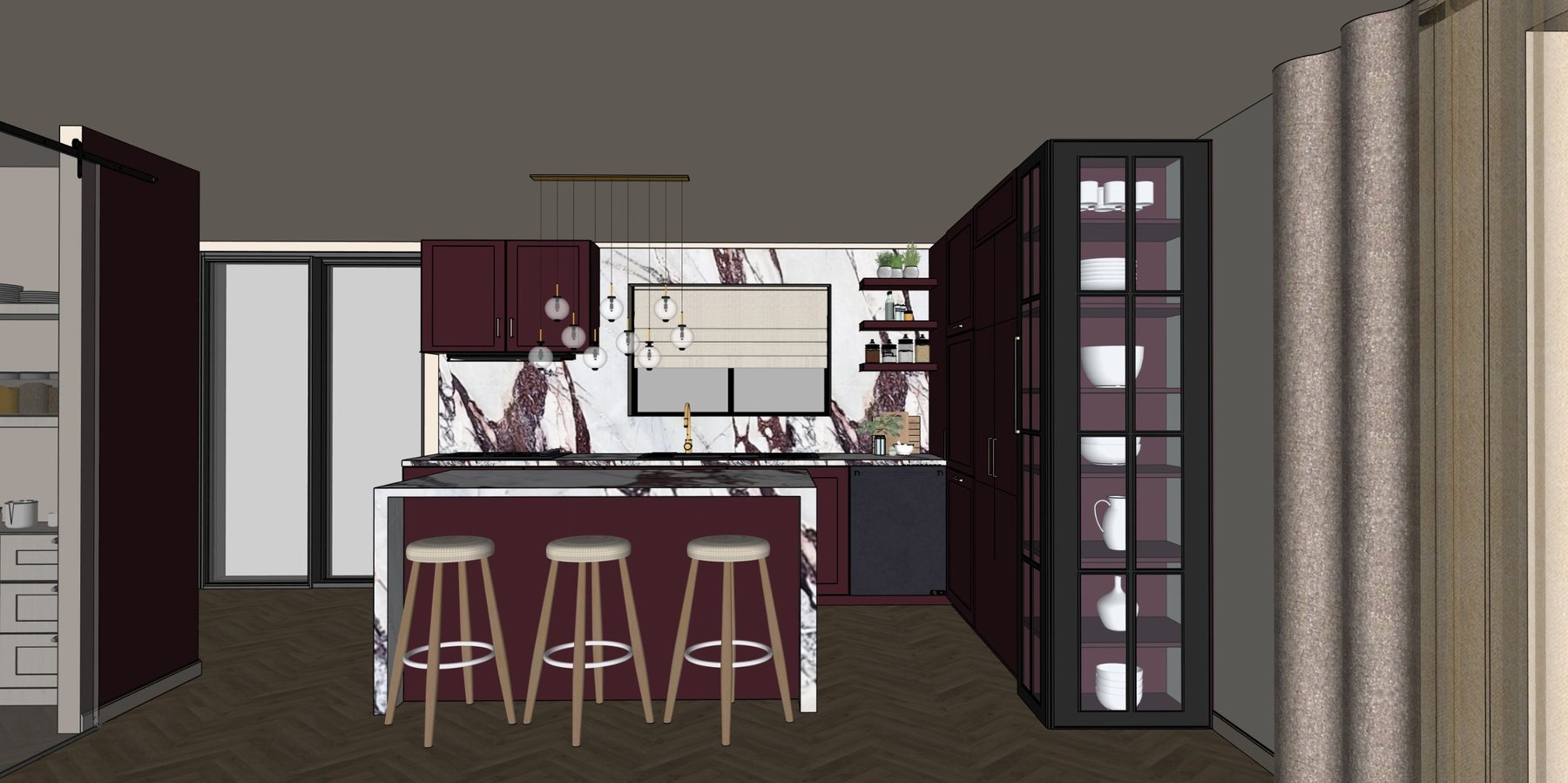 Eye-level view from the stairs into a kitchen with marble waterfall island, glass pendants and display cabinet