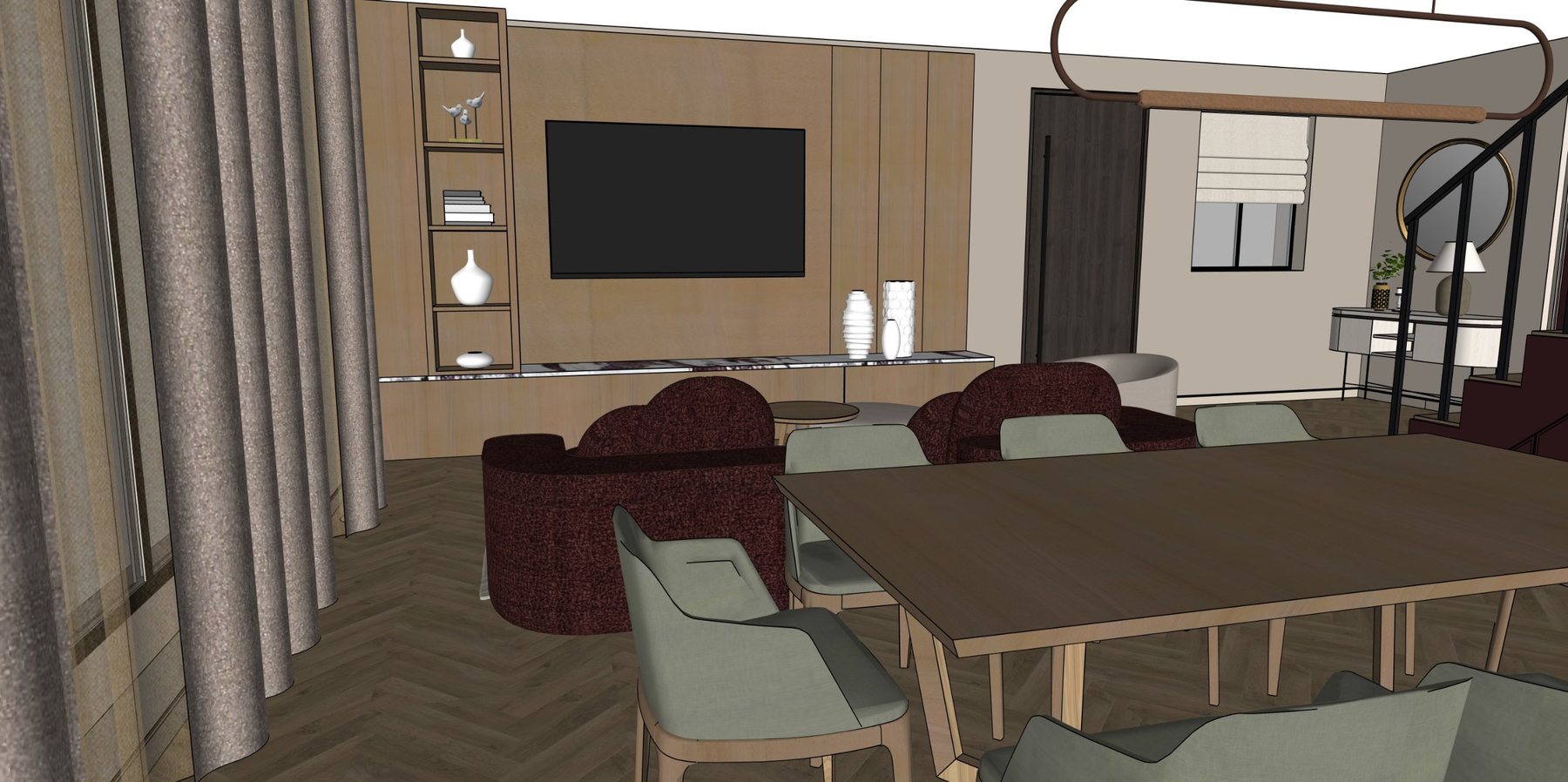 Eye-level view of the lounge and oak media wall beside the dining table