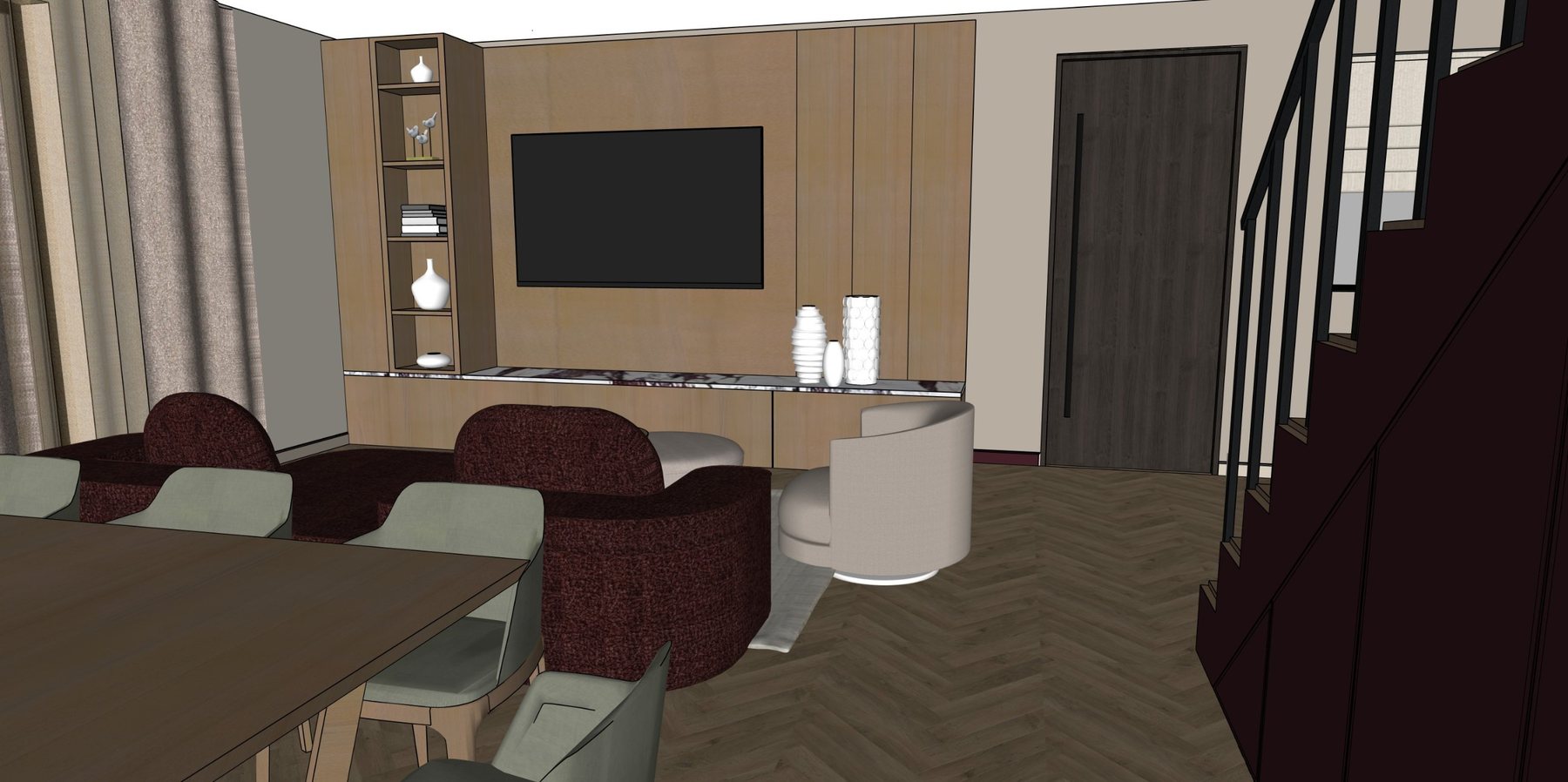 Eye-level view of a styled living room with oak media wall and curved sofas