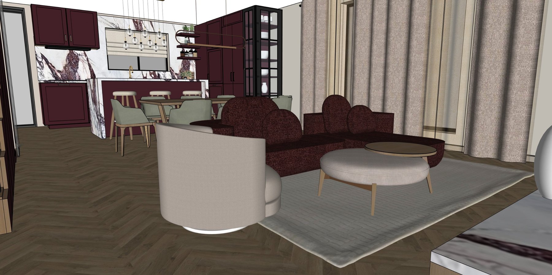Eye-level view of the lounge with curved sofa, swivel chair and round ottoman