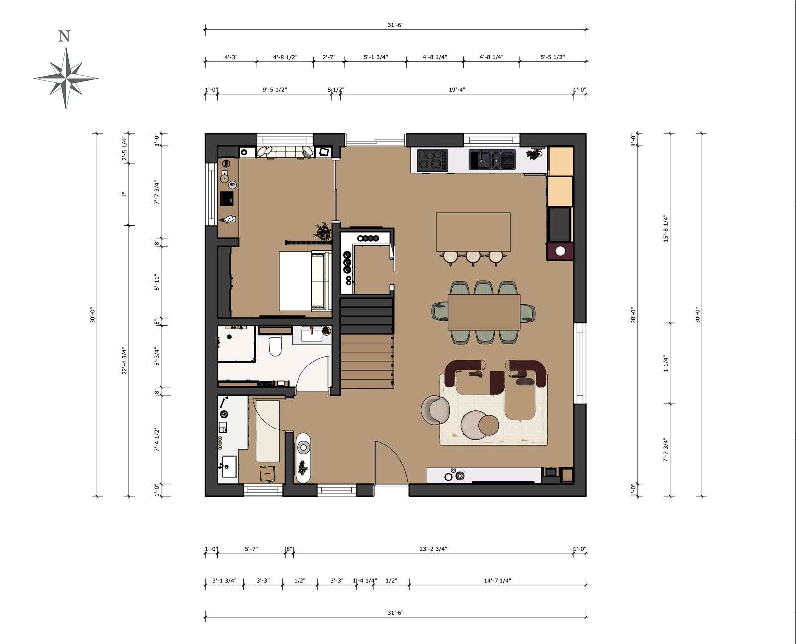 Furnished, dimensioned ground-floor plan