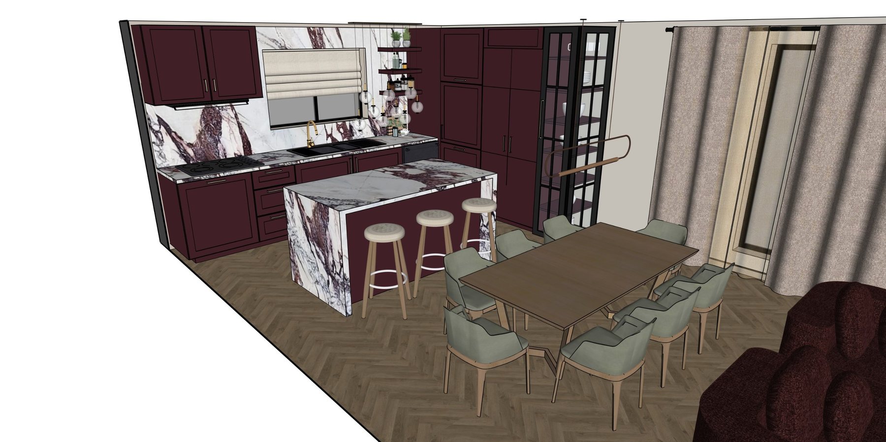Kitchen and dining 3D model with burgundy cabinetry
