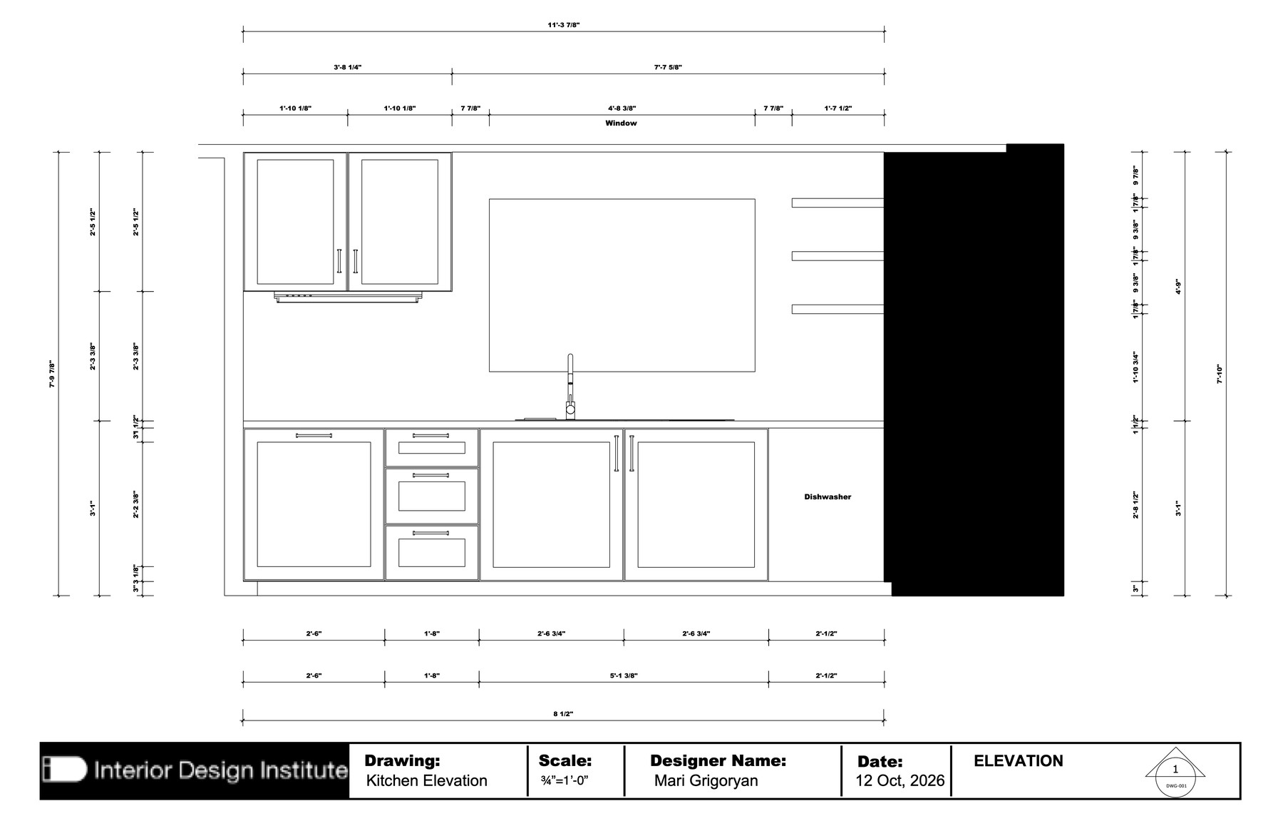 Dimensioned kitchen sink-wall elevation with title block