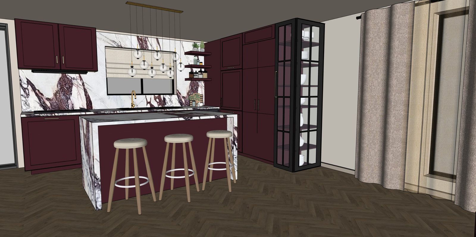 3D view of a burgundy kitchen with marble backsplash and glass pendants