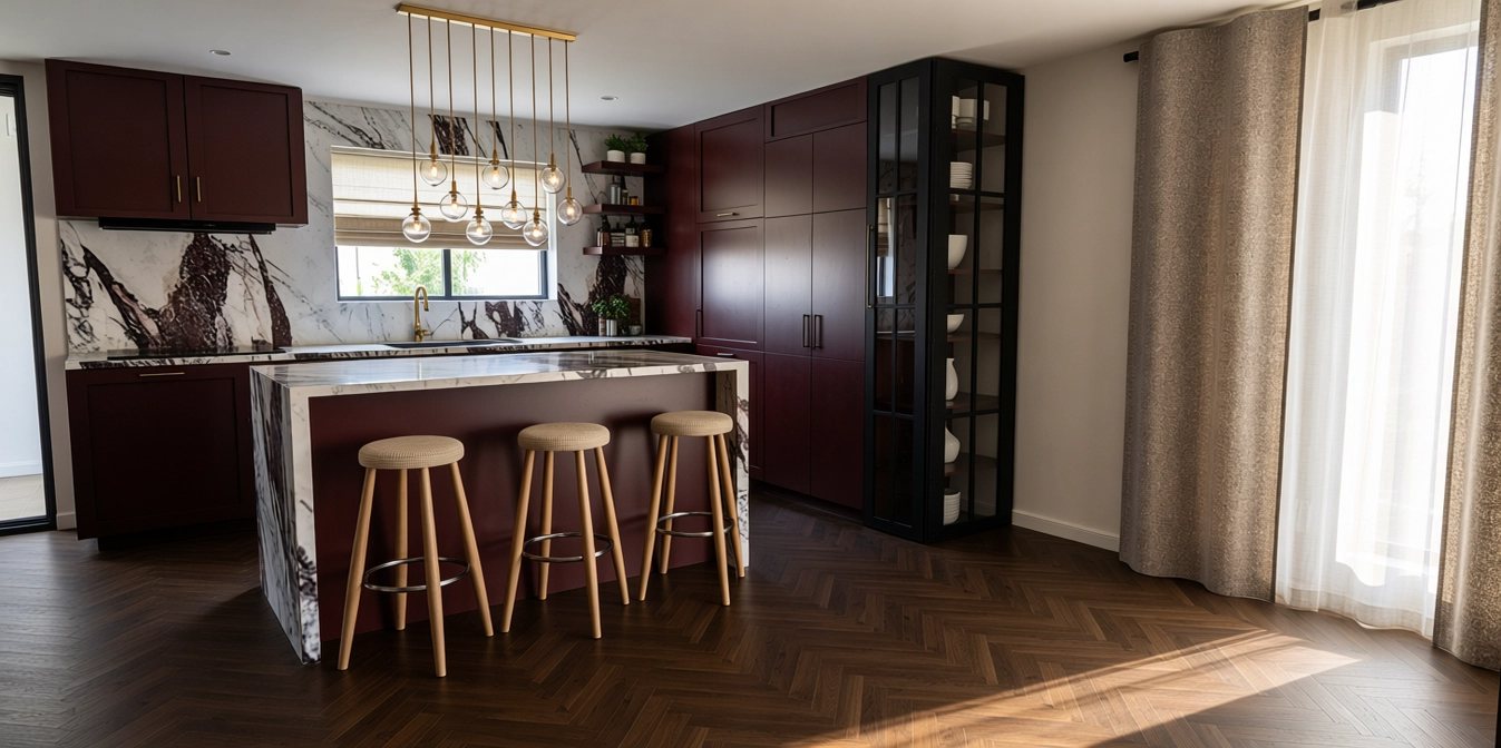 Kitchen with burgundy cabinetry, marble waterfall island and oak stools, designed by Mivo by Mari