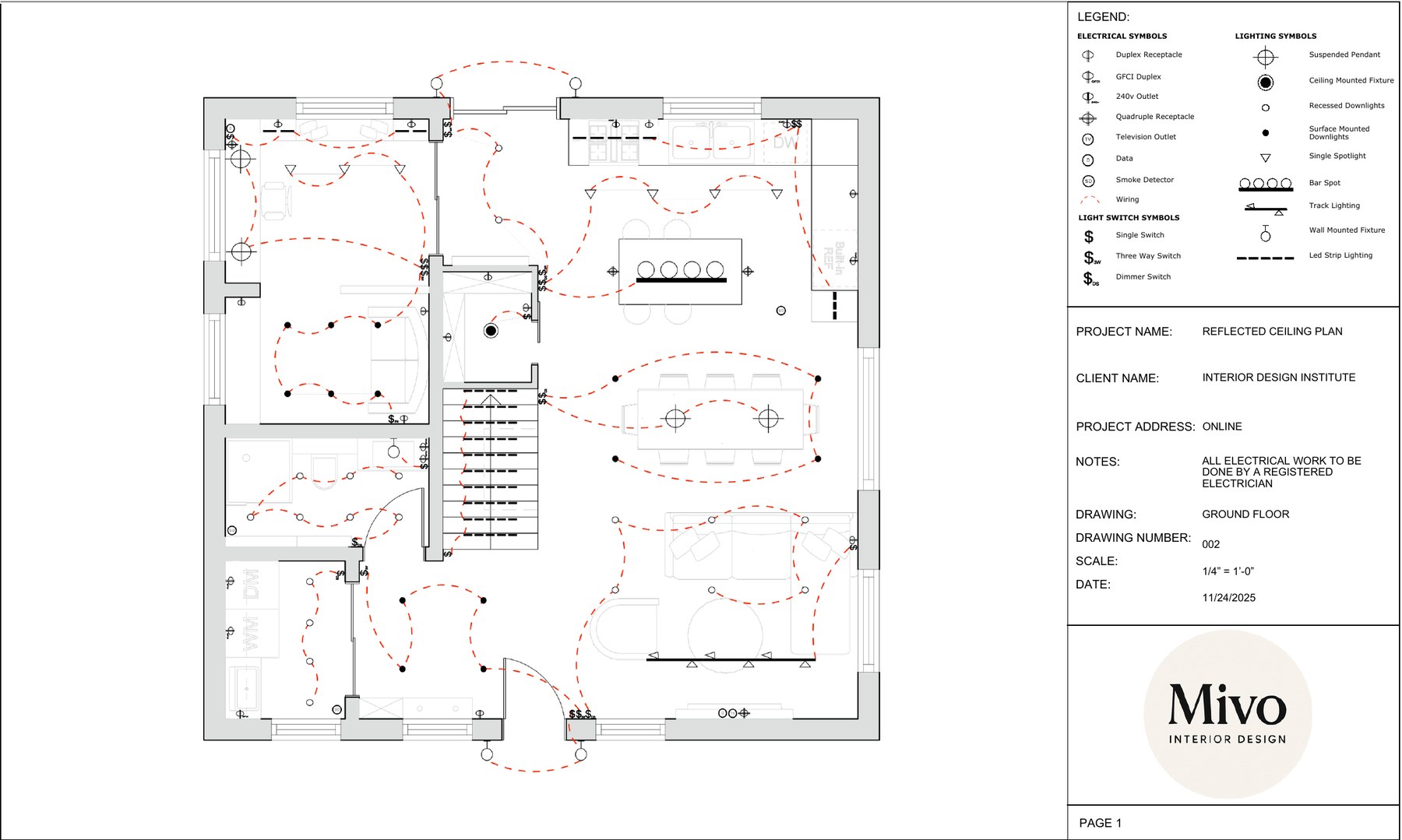 Reflected ceiling and electrical plan with lighting legend