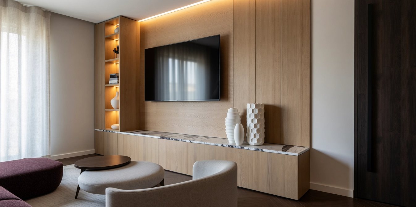 Living room media wall in light oak with marble ledge and curved lounge chair
