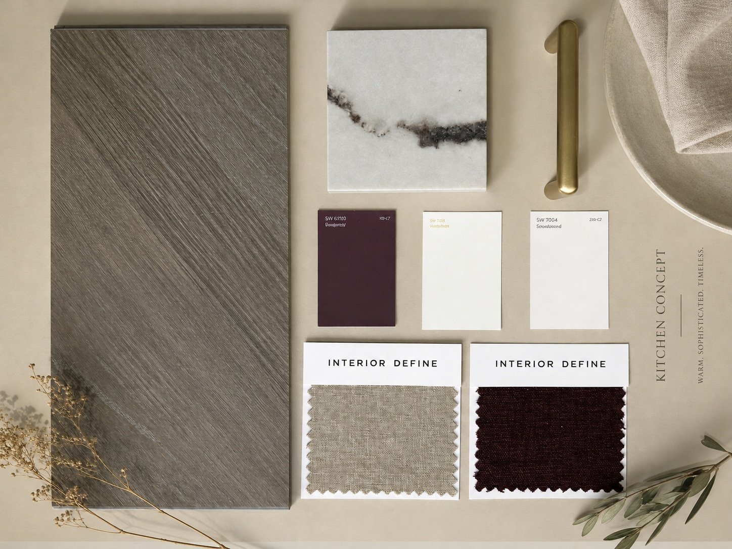 Material board with oak flooring, veined marble, brass pull, paint and fabric swatches