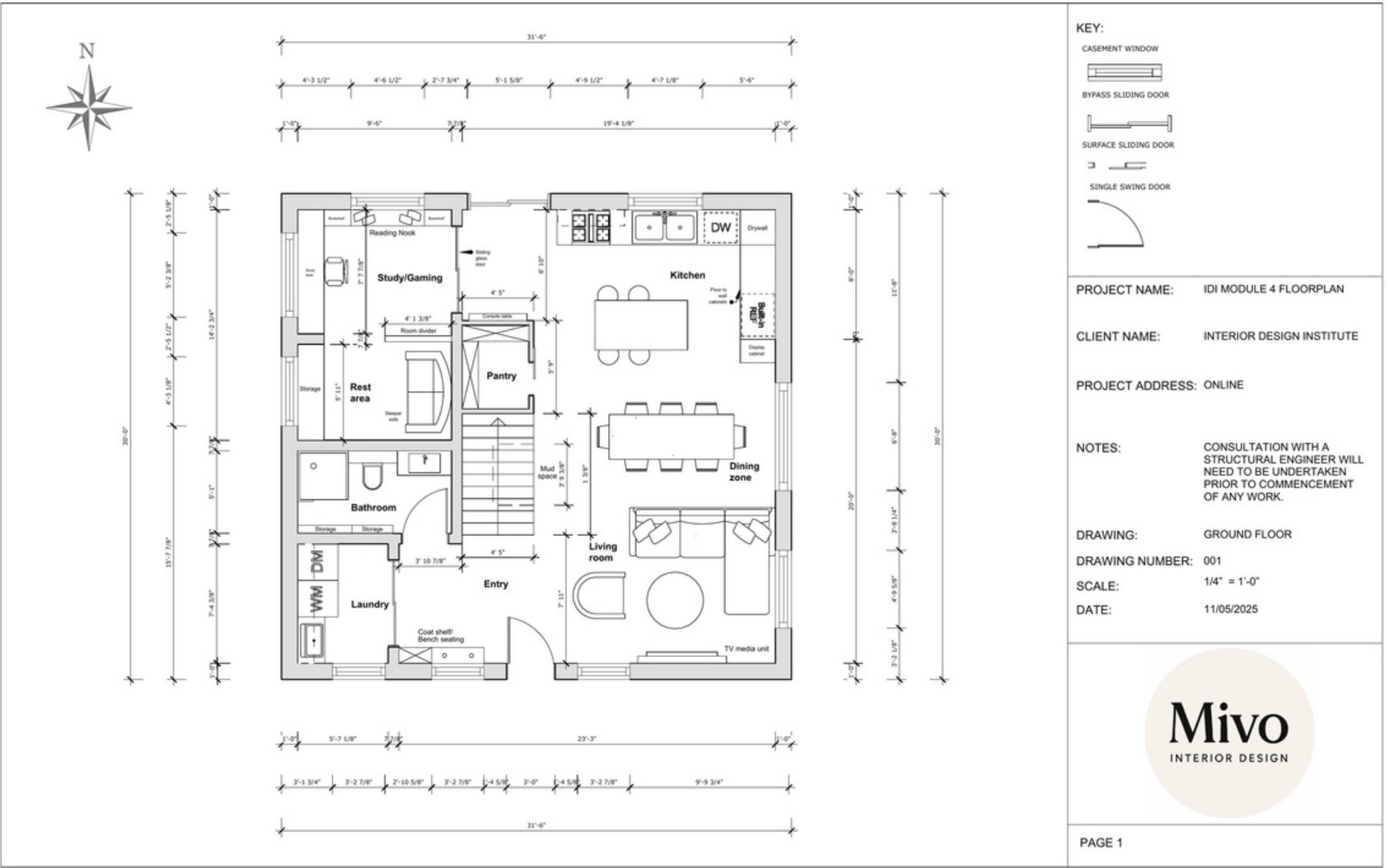 Dimensioned ground-floor plan with room labels, key and title block