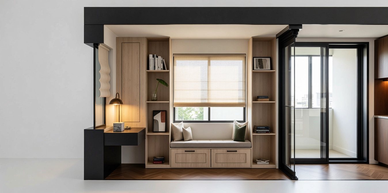 Built-in study nook with oak shelving, window seat and black desk