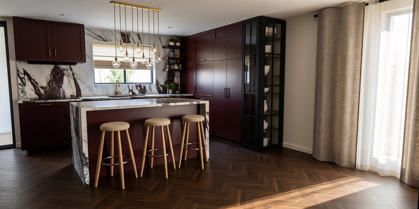 Realistic visualization of a burgundy kitchen with marble waterfall island and brass pendants